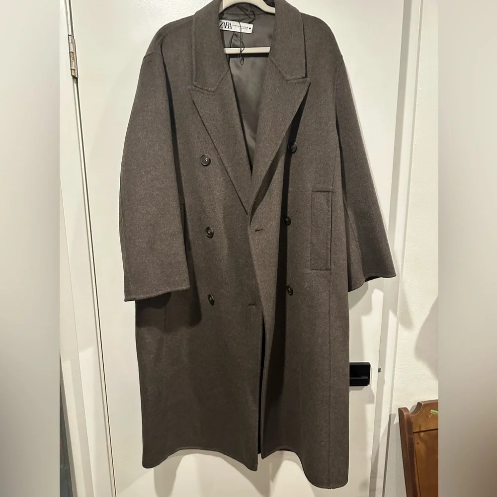 Zara Women's Oversized Brown Marl Wool Blend Double Breasted Coat - Picture 3 of 5